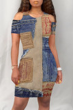 Multicolor Casual Street Faux Denim Print Contrast O Neck Printed Short Sleeve Dress