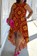Red Yellow Casual Print Patchwork O Neck Irregular Plus Size Dresses