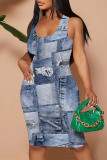 Baby Blue Sexy Street Faux Denim Print Contrast U Neck Printed Dresses