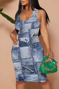 Baby Blue Sexy Street Faux Denim Print Contrast U Neck Printed Dresses