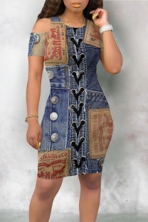 Dark Blue Casual Street Faux Denim Print Contrast O Neck Printed Short Sleeve Dress