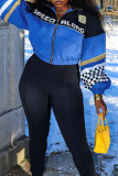 Blue Casual Print Patchwork Zipper Zipper Collar Outerwear