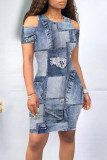 Multicolor Casual Street Faux Denim Print Contrast O Neck Printed Short Sleeve Dress