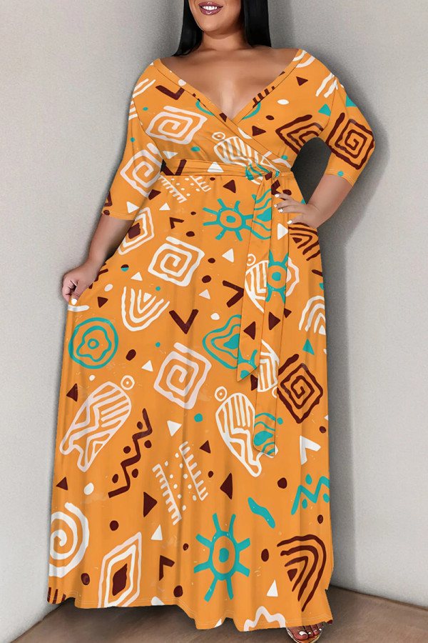 Light Orange Casual Print Patchwork Strap Design V Neck Long Plus Size Dresses