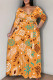 Light Orange Casual Print Patchwork Strap Design V Neck Long Plus Size Dresses