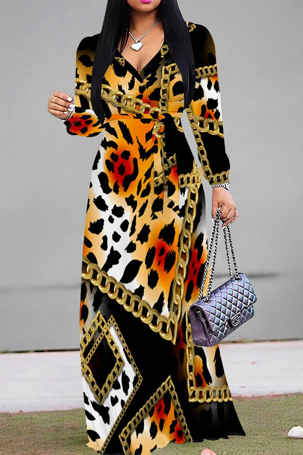 Orange Yellow Casual Leopard Print Patchwork V Neck Long Dresses