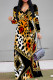 Orange Yellow Casual Leopard Print Patchwork V Neck Long Dresses