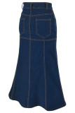 Deep Blue Casual Basic High Waist Regular Denim Skirts