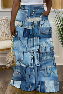 Light Blue Casual Faux Denim Print Basic Regular High Waist Wide Leg Full Print Trousers