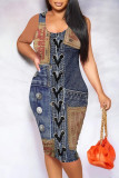 Baby Blue Sexy Street Faux Denim Print Contrast U Neck Printed Dresses
