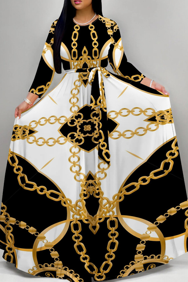 Black And White Casual Print Patchwork Strap Design O Neck Long Dresses