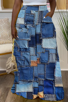 Blue Casual Faux Denim Print Basic Regular High Waist Wide Leg Full Print Trousers