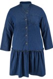 Blue Casual Solid Color Buttons Patchwork V Neck Long Sleeve Regular Denim Dresses