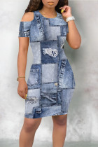 Baby Blue Casual Street Faux Denim Print Contrast O Neck Printed Short Sleeve Dress