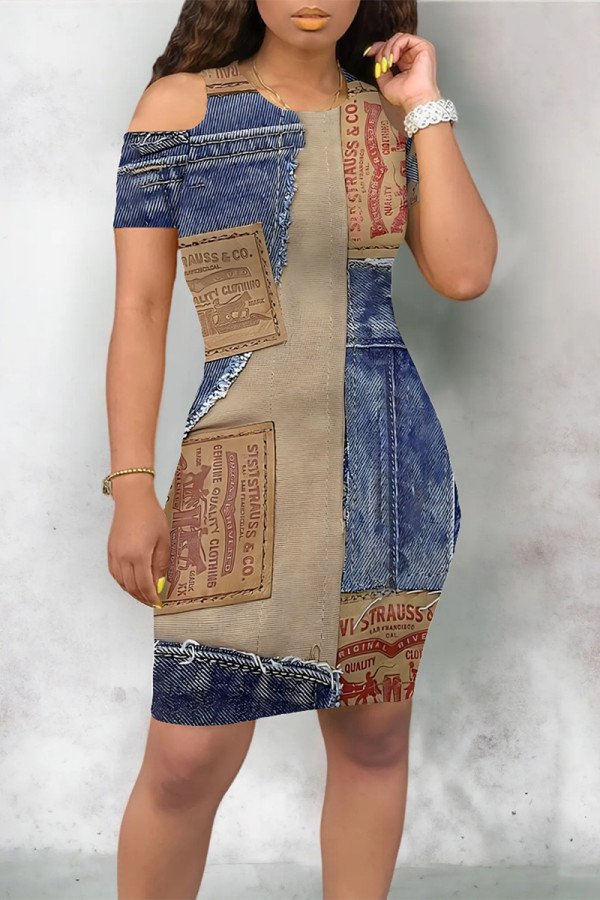Blue Coffee Casual Street Faux Denim Print Contrast O Neck Printed Short Sleeve Dress