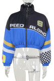 Blue Casual Print Patchwork Zipper Zipper Collar Outerwear