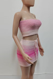 Pink Sexy Gradient Color Patchwork Backless Strapless Sleeveless Two Pieces