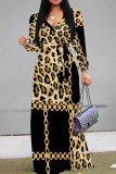 Pink Casual Leopard Print Patchwork V Neck Long Dresses