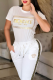 White Casual Street Bronzing Pattern Lace Up Patchwork O Neck Short Sleeve Two Pieces