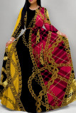 Red Casual Print Patchwork Strap Design O Neck Long Dresses
