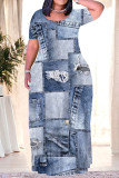 Dark Blue Casual Street Faux Denim Print O Neck Printed Plus Size Dresses