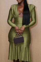 Green Elegant Solid Color Patchwork Deep V Neck Wrapped Skirt Dresses