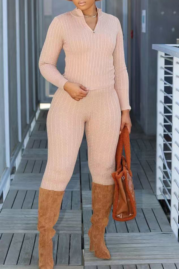 Khaki Casual Solid Color Patchwork Zipper Zipper Collar Long Sleeve Two Pieces