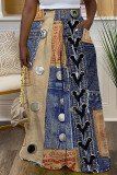 Blue Casual Faux Denim Print Basic Regular High Waist Wide Leg Full Print Trousers