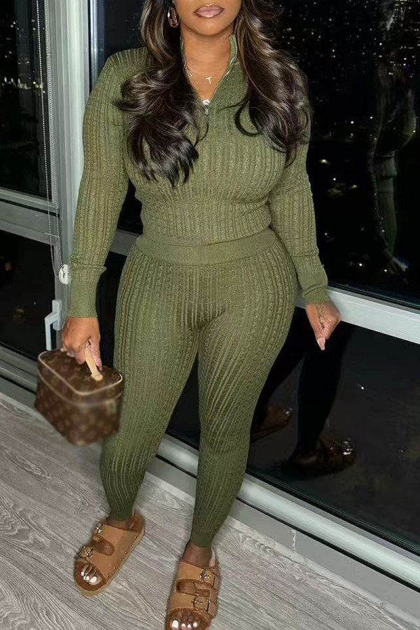 Army Green Casual Solid Color Patchwork Zipper Zipper Collar Long Sleeve Two Pieces