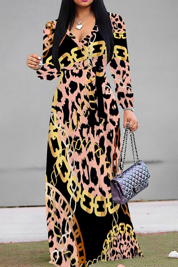 Pink Casual Leopard Print Patchwork V Neck Long Dresses