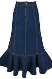 Deep Blue Casual Solid Color Basic High Waist Regular Denim Skirts
