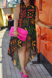 Orange Casual Print Patchwork O Neck Irregular Plus Size Dresses