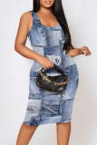 Baby Blue Sexy Street Faux Denim Print Contrast U Neck Printed Dresses