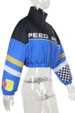 Blue Casual Print Patchwork Zipper Zipper Collar Outerwear