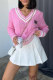 Pink Casual Daily Letters Weave Contrast V Neck Tops