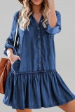 Blue Casual Solid Color Buttons Patchwork V Neck Long Sleeve Regular Denim Dresses
