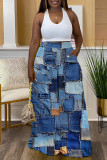 Blue Casual Faux Denim Print Basic Regular High Waist Wide Leg Full Print Trousers