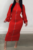 Red Casual Solid Color Patchwork Zipper Zipper Collar Long Dresses