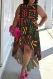 Orange Casual Print Patchwork O Neck Irregular Plus Size Dresses