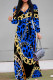 Blue Casual Leopard Print Patchwork V Neck Long Dresses