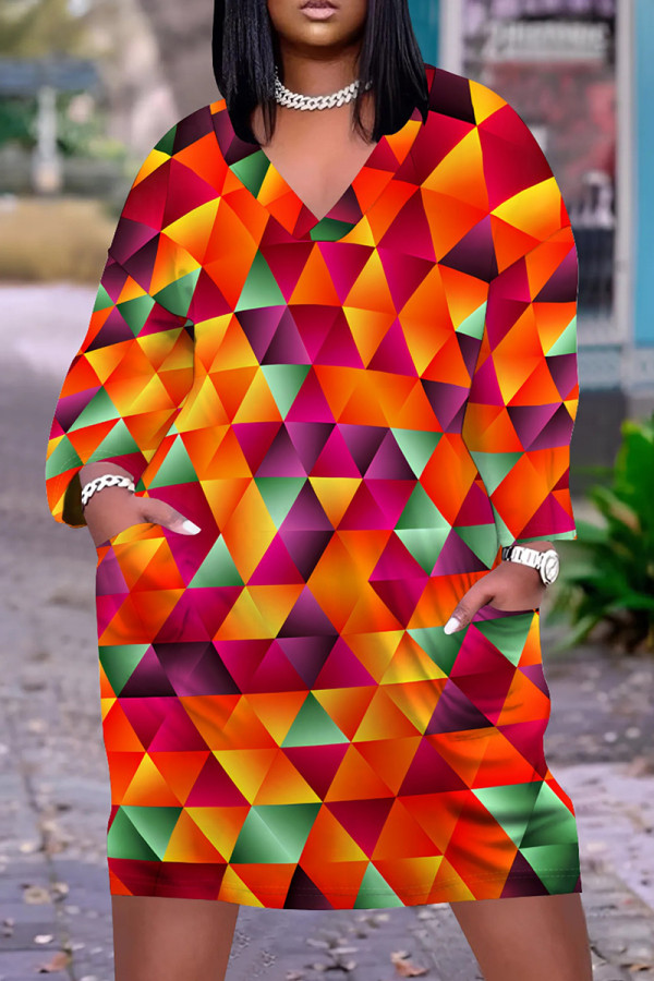 Multicolor Casual Print Pocket Patchwork V Neck Straight Plus Size Dresses