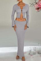 Grey Elegant Solid Color Buckle Patchwork O Neck Long Sleeve Two Pieces
