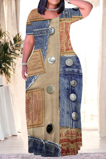 Multicolor Casual Street Faux Denim Print O Neck Printed Plus Size Dresses
