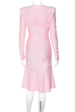 Pink Elegant Solid Color Patchwork Deep V Neck Wrapped Skirt Dresses