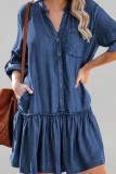 Blue Casual Solid Color Buttons Patchwork V Neck Long Sleeve Regular Denim Dresses