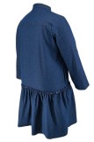 Blue Casual Solid Color Buttons Patchwork V Neck Long Sleeve Regular Denim Dresses