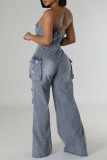 Blue Street Solid Color Ripped Pocket Buckle Patchwork Strapless Sleeveless Loose Denim Jumpsuits