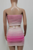 Pink Sexy Gradient Color Patchwork Backless Strapless Sleeveless Two Pieces
