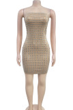 Apricot Sexy Patchwork Backless Hot Drill Zipper Strapless Wrapped Skirt Dresses