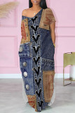Multicolor Casual Street Faux Denim Print Pocket Slit V Neck Printed Dresses